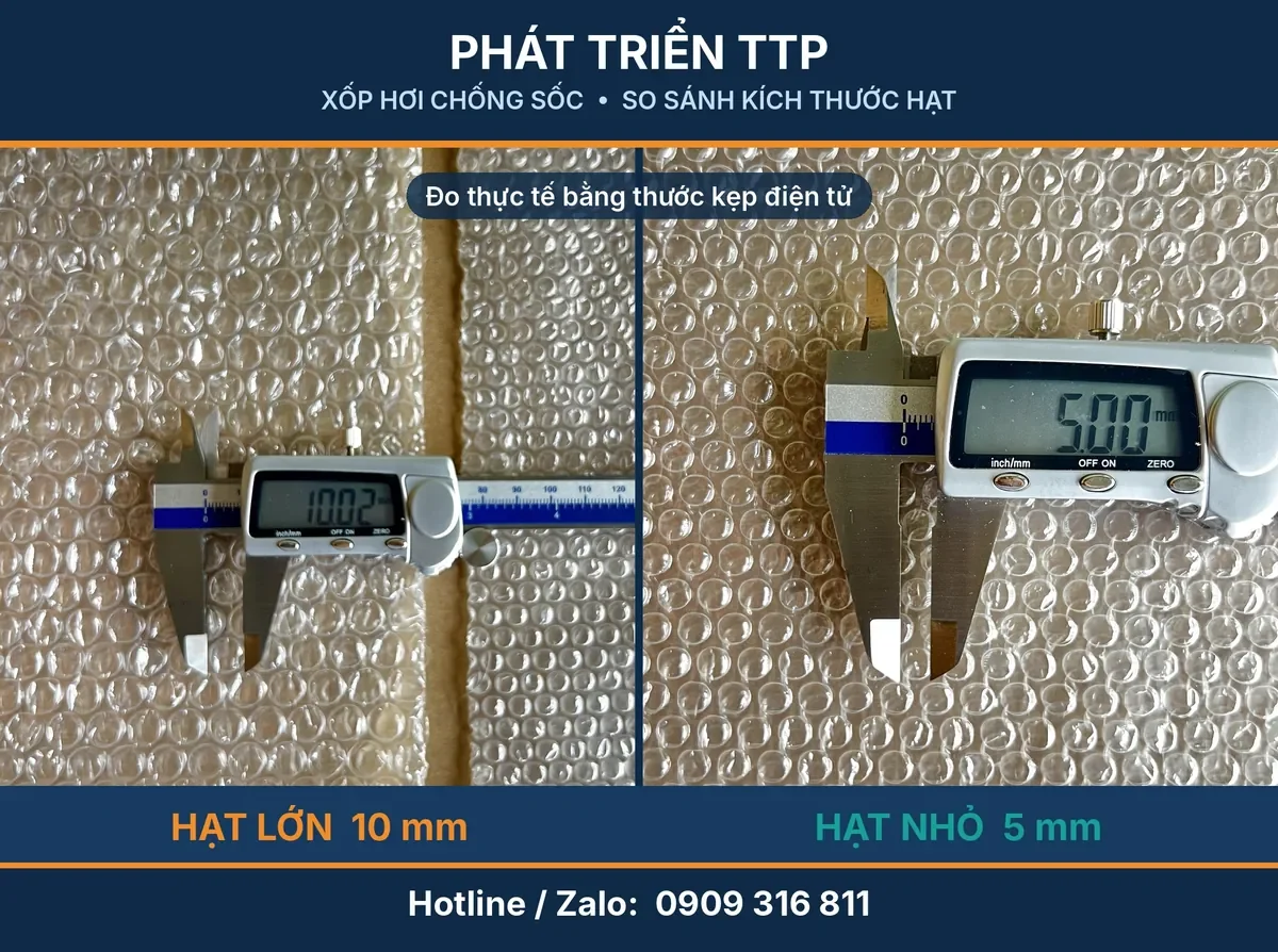 Đo kích thước hạt xốp hơi 10mm và 5mm bằng thước kẹp điện tử